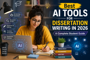 Best AI tools for dissertation writing in 2026 student guide with AI technology and female student working on laptop.
