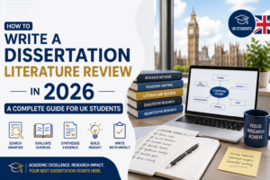 Student writing a dissertation literature review in 2026 with laptop and study notes – complete guide for UK students.