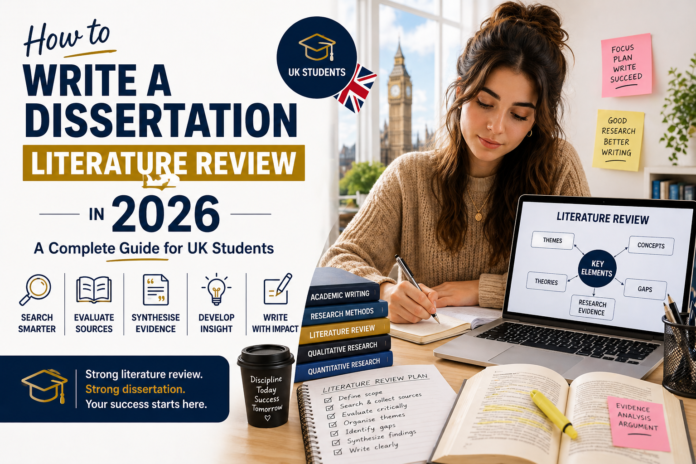 Student writing a dissertation literature review in 2026 with laptop and study notes – complete guide for UK students.