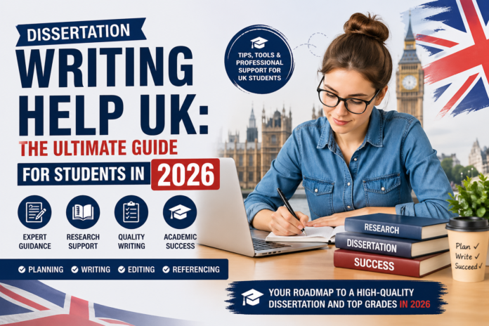 Dissertation Writing Help UK 2026 guide showing student studying with laptop and research materials.