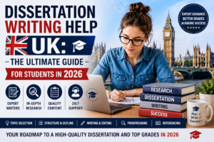 Dissertation Writing Help UK 2026 guide showing student studying with laptop and research materials.