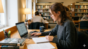 Dissertation Writing Help UK 2026 guide showing student studying with laptop and research materials.