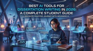 Best AI tools for dissertation writing in 2026 student guide with AI technology and female student working on laptop.
