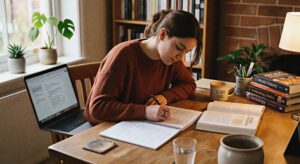 Student writing a dissertation literature review in 2026 with laptop and study notes – complete guide for UK students.